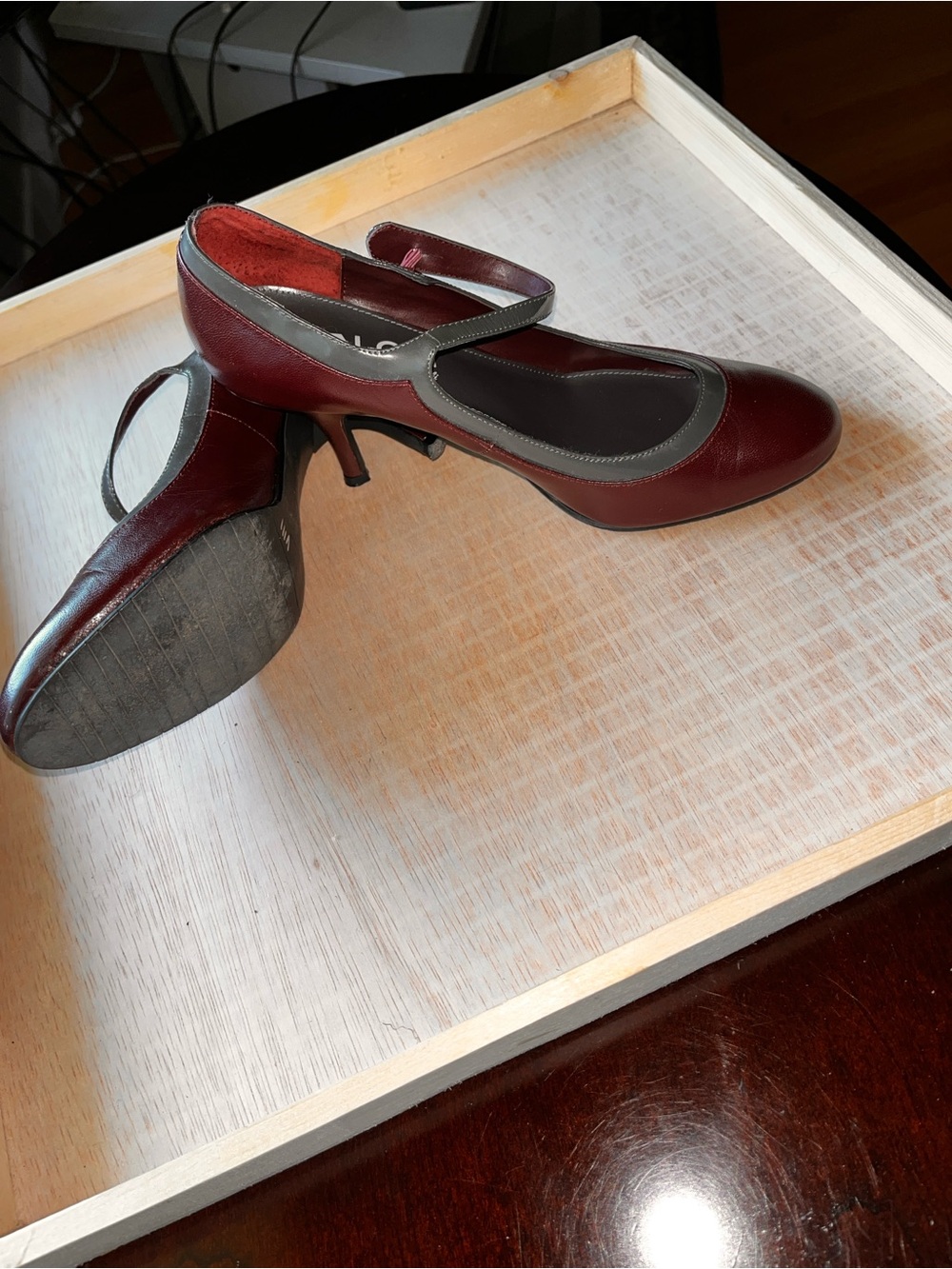 Carlos Falchi Burgundy and Gray Mary Jane Heels